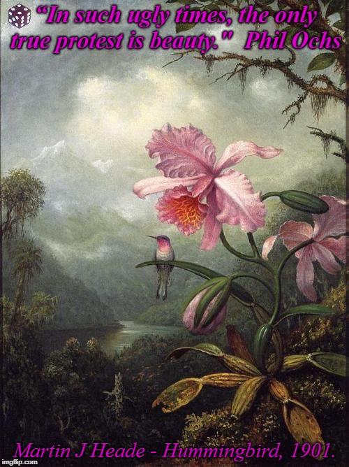 “In such ugly times, the only true protest is beauty." 
Phil Ochs; Martin J Heade - Hummingbird, 1901. | image tagged in in an ugly world | made w/ Imgflip meme maker