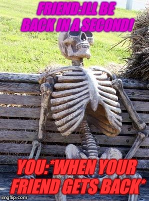 Waiting Skeleton Meme | FRIEND:ILL BE BACK IN A SECOND! YOU:*WHEN YOUR FRIEND GETS BACK* | image tagged in memes,waiting skeleton | made w/ Imgflip meme maker