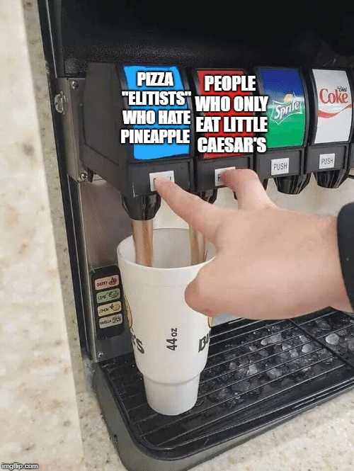 Soda dispenser | PEOPLE WHO ONLY EAT LITTLE CAESAR'S; PIZZA "ELITISTS" WHO HATE PINEAPPLE | image tagged in soda dispenser | made w/ Imgflip meme maker