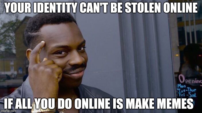 Roll Safe Think About It Meme | YOUR IDENTITY CAN'T BE STOLEN ONLINE; IF ALL YOU DO ONLINE IS MAKE MEMES | image tagged in memes,roll safe think about it | made w/ Imgflip meme maker