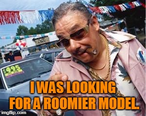 used car salesman | I WAS LOOKING FOR A ROOMIER MODEL. | image tagged in used car salesman | made w/ Imgflip meme maker