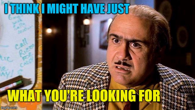 Danny Devito Matilda | I THINK I MIGHT HAVE JUST WHAT YOU'RE LOOKING FOR | image tagged in danny devito matilda | made w/ Imgflip meme maker