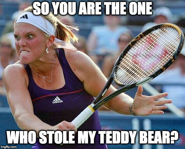 Angry tennis player | SO YOU ARE THE ONE; WHO STOLE MY TEDDY BEAR? | image tagged in angry tennis player | made w/ Imgflip meme maker