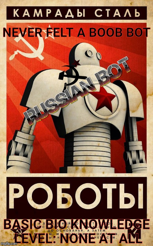 Soviet Propaganda Posters for Russian Bots | NEVER FELT A BOOB BOT BASIC BIO KNOWLEDGE LEVEL: NONE AT ALL | image tagged in soviet propaganda posters for russian bots | made w/ Imgflip meme maker