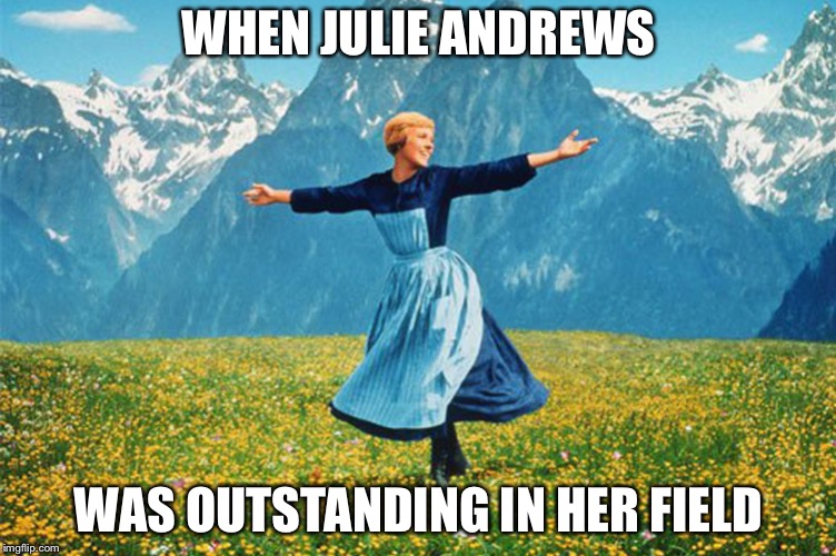 Woman in a field of flowers | WHEN JULIE ANDREWS; WAS OUTSTANDING IN HER FIELD | image tagged in woman in a field of flowers | made w/ Imgflip meme maker