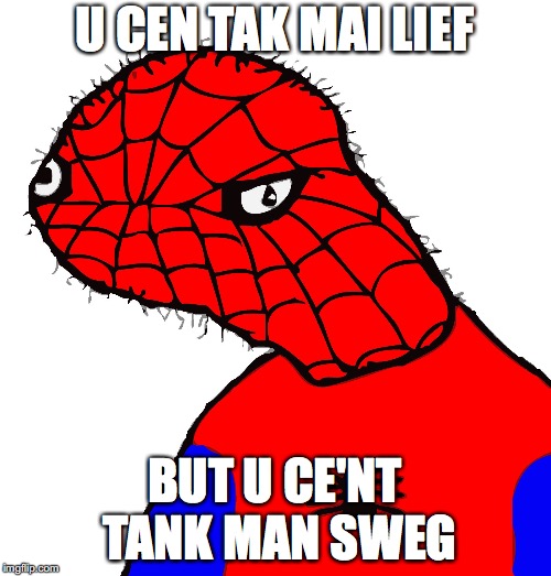 spodermen is sweg | U CEN TAK MAI LIEF BUT U CE'NT TANK MAN SWEG | image tagged in spodermen is sweg | made w/ Imgflip meme maker