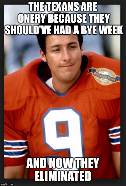 The Texans are onery | THE TEXANS ARE ONERY BECAUSE THEY SHOULD’VE HAD A BYE WEEK; AND NOW THEY ELIMINATED | image tagged in the waterboy,nfl memes,nfl football,nfl playoffs,houston,houston texans | made w/ Imgflip meme maker