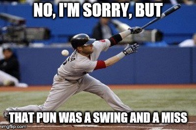 swing and a miss | NO, I'M SORRY, BUT THAT PUN WAS A SWING AND A MISS | image tagged in swing and a miss | made w/ Imgflip meme maker