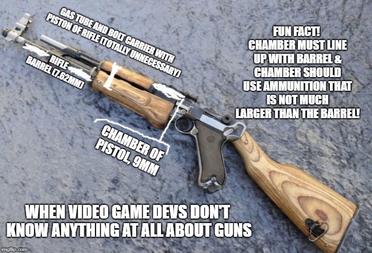 Not even close. | FUN FACT! CHAMBER MUST LINE UP WITH BARREL & CHAMBER SHOULD USE AMMUNITION THAT IS NOT MUCH LARGER THAN THE BARREL! GAS TUBE AND BOLT CARRIER WITH PISTON OF RIFLE (TOTALLY UNNECESSARY); RIFLE BARREL (7.62MM); CHAMBER OF PISTOL, 9MM; WHEN VIDEO GAME DEVS DON'T KNOW ANYTHING AT ALL ABOUT GUNS | image tagged in bad guns,vidya games,9mm is wider than 762mm | made w/ Imgflip meme maker