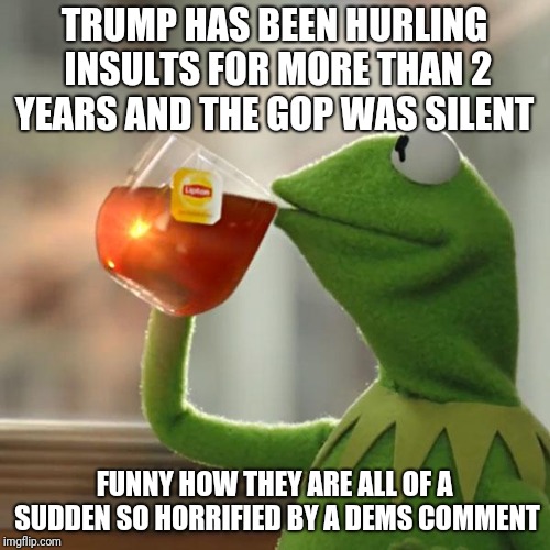 But That's None Of My Business Meme | TRUMP HAS BEEN HURLING INSULTS FOR MORE THAN 2 YEARS AND THE GOP WAS SILENT; FUNNY HOW THEY ARE ALL OF A SUDDEN SO HORRIFIED BY A DEMS COMMENT | image tagged in memes,but thats none of my business,kermit the frog | made w/ Imgflip meme maker