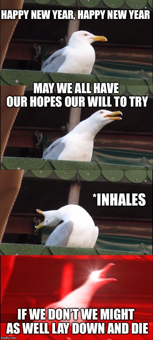 Inhaling Seagull Meme | HAPPY NEW YEAR, HAPPY NEW YEAR; MAY WE ALL HAVE OUR HOPES OUR WILL TO TRY; *INHALES; IF WE DON’T WE MIGHT AS WELL LAY DOWN AND DIE | image tagged in memes,inhaling seagull | made w/ Imgflip meme maker