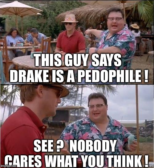 See? No one cares | THIS GUY SAYS DRAKE IS A PEDOPHILE ! SEE ?  NOBODY CARES WHAT YOU THINK ! | image tagged in see no one cares | made w/ Imgflip meme maker