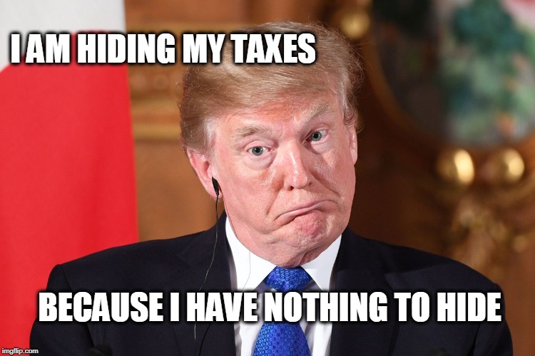 Trump dumbfounded | I AM HIDING MY TAXES BECAUSE I HAVE NOTHING TO HIDE | image tagged in trump dumbfounded | made w/ Imgflip meme maker
