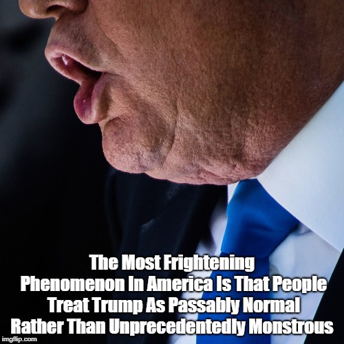 "The Most Frightening Phenomenon In America Is..." | The Most Frightening Phenomenon In America Is That People Treat Trump As Passably Normal Rather Than Unprecedentedly Monstrous | image tagged in trump,deplorable donald,despicable donald,dishonorable donald,duplicitous donald,deceitful donald | made w/ Imgflip meme maker