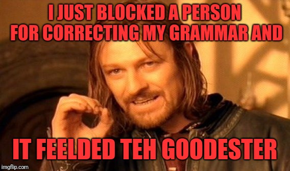 One Does Not Simply | I JUST BLOCKED A PERSON FOR CORRECTING MY GRAMMAR AND; IT FEELDED TEH GOODESTER | image tagged in memes,one does not simply | made w/ Imgflip meme maker