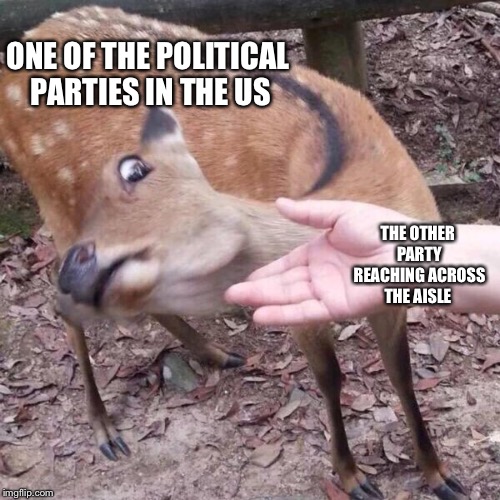 Modern US Politics  | ONE OF THE POLITICAL PARTIES IN THE US; THE OTHER PARTY REACHING ACROSS THE AISLE | image tagged in us politics | made w/ Imgflip meme maker