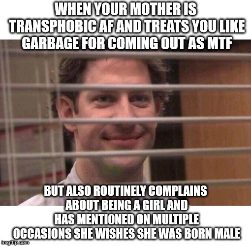 Jim Office Blinds | WHEN YOUR MOTHER IS TRANSPHOBIC AF AND TREATS YOU LIKE GARBAGE FOR COMING OUT AS MTF; BUT ALSO ROUTINELY COMPLAINS ABOUT BEING A GIRL AND HAS MENTIONED ON MULTIPLE OCCASIONS SHE WISHES SHE WAS BORN MALE | image tagged in jim office blinds | made w/ Imgflip meme maker