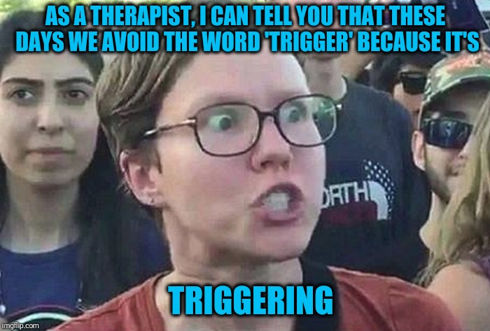 We don't ask how it "makes you feel," either | AS A THERAPIST, I CAN TELL YOU THAT THESE DAYS WE AVOID THE WORD 'TRIGGER' BECAUSE IT'S; TRIGGERING | image tagged in triggered liberal | made w/ Imgflip meme maker