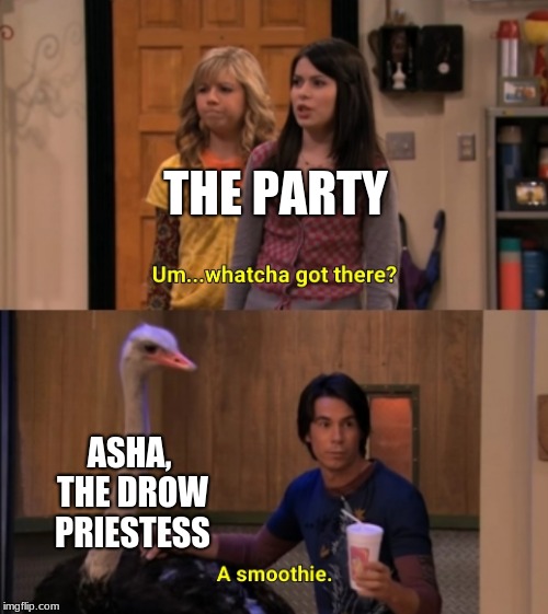 Whatcha Got There? | THE PARTY; ASHA, THE DROW PRIESTESS | image tagged in whatcha got there | made w/ Imgflip meme maker