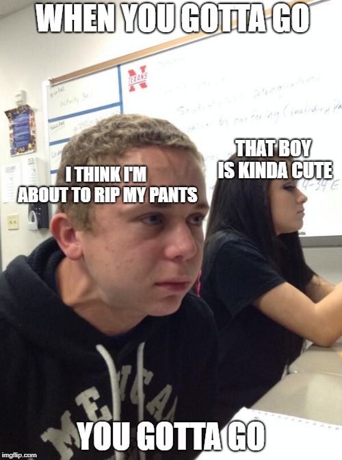 Trying to Hold a Fart Next to a Cute Girl in Class | WHEN YOU GOTTA GO; THAT BOY IS KINDA CUTE; I THINK I'M ABOUT TO RIP MY PANTS; YOU GOTTA GO | image tagged in trying to hold a fart next to a cute girl in class | made w/ Imgflip meme maker