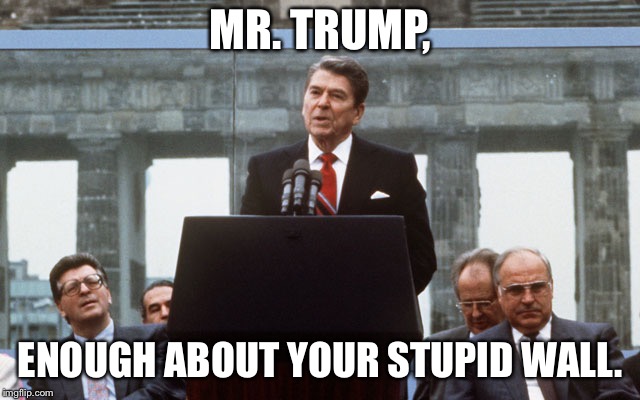 Ronald Reagan Wall | MR. TRUMP, ENOUGH ABOUT YOUR STUPID WALL. | image tagged in ronald reagan wall | made w/ Imgflip meme maker
