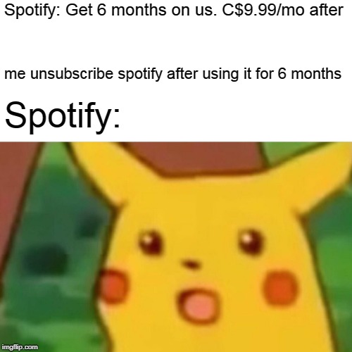 Surprised Pikachu Meme |  Spotify: Get 6 months on us. C$9.99/mo after; me unsubscribe spotify after using it for 6 months; Spotify: | image tagged in memes,surprised pikachu | made w/ Imgflip meme maker