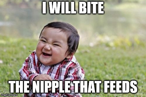 Evil Toddler Meme | I WILL BITE; THE NIPPLE THAT FEEDS | image tagged in memes,evil toddler | made w/ Imgflip meme maker
