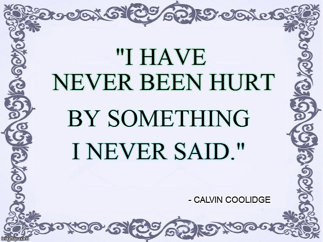 QUOTABLE QUOTES | "I HAVE NEVER BEEN HURT; BY SOMETHING; I NEVER SAID."; - CALVIN COOLIDGE | image tagged in funny | made w/ Imgflip meme maker