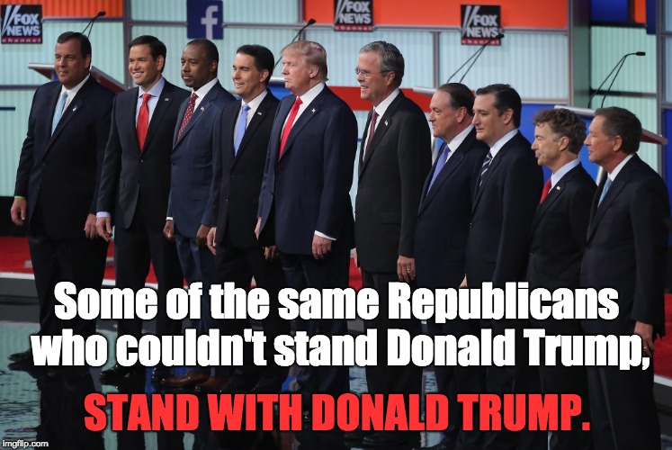 Republican falls in line. | Some of the same Republicans who couldn't stand Donald Trump, STAND WITH DONALD TRUMP. | image tagged in lindsey graham,mitt romney,marco rubio,ted cruz,rand paul | made w/ Imgflip meme maker