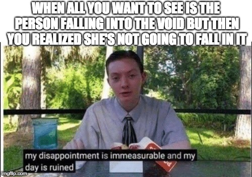 WHEN ALL YOU WANT TO SEE IS THE PERSON FALLING INTO THE VOID BUT THEN YOU REALIZED SHE'S NOT GOING TO FALL IN IT | image tagged in my dissapointment is immeasurable and my day is ruined | made w/ Imgflip meme maker