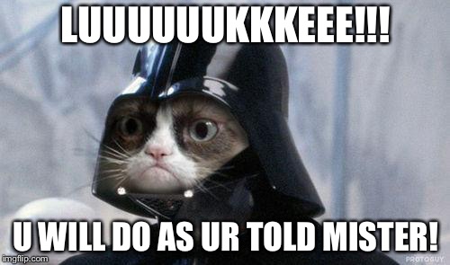 Grumpy Cat Star Wars Meme | LUUUUUUKKKEEE!!! U WILL DO AS UR TOLD MISTER! | image tagged in memes,grumpy cat star wars,grumpy cat | made w/ Imgflip meme maker