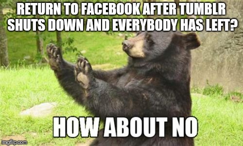 How About No Bear | RETURN TO FACEBOOK AFTER TUMBLR SHUTS DOWN AND EVERYBODY HAS LEFT? | image tagged in memes,how about no bear | made w/ Imgflip meme maker