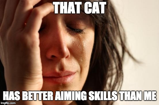 First World Problems Meme | THAT CAT HAS BETTER AIMING SKILLS THAN ME | image tagged in memes,first world problems | made w/ Imgflip meme maker