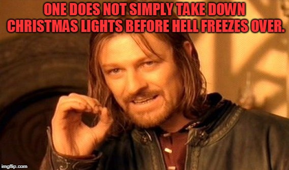 One Does Not Simply Meme | ONE DOES NOT SIMPLY TAKE DOWN CHRISTMAS LIGHTS BEFORE HELL FREEZES OVER. | image tagged in memes,one does not simply | made w/ Imgflip meme maker