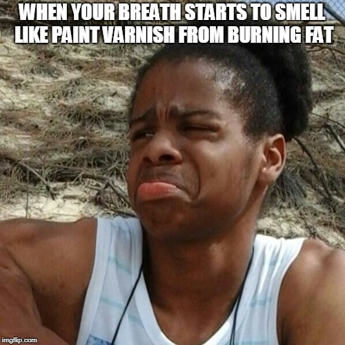 What that smell? | WHEN YOUR BREATH STARTS TO SMELL LIKE PAINT VARNISH FROM BURNING FAT | image tagged in what that smell | made w/ Imgflip meme maker