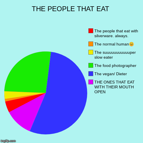 THE PEOPLE THAT EAT | THE ONES THAT EAT WITH THEIR MOUTH OPEN, The vegan/ Dieter, The food photographer, The suuuuuuuuuuuper slow eater, The | image tagged in funny,pie charts | made w/ Imgflip chart maker