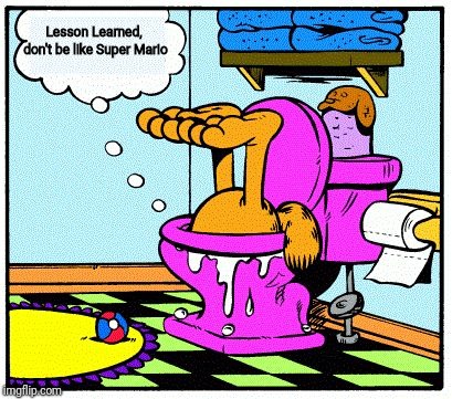 Garfield In Toilet | Lesson Learned, don't be like Super Mario | image tagged in garfield in toilet,garfield,memes | made w/ Imgflip meme maker