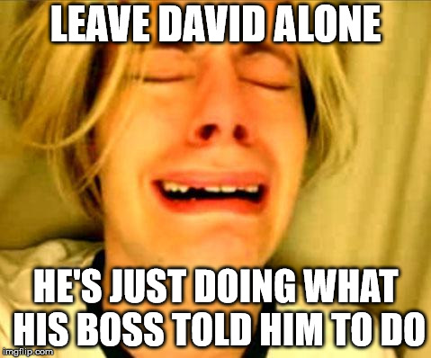 Leave Britney Alone | LEAVE DAVID ALONE; HE'S JUST DOING WHAT HIS BOSS TOLD HIM TO DO | image tagged in leave britney alone | made w/ Imgflip meme maker