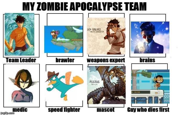 For all you HoO, Artemis Fowl readers, Poptropica players, and Phineas & Ferb watchers out there: | image tagged in zombie apocalypse team | made w/ Imgflip meme maker