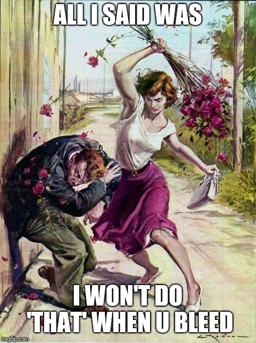 Beaten with Roses | ALL I SAID WAS; I WON'T DO 'THAT' WHEN U BLEED | image tagged in beaten with roses,bleeding,sex | made w/ Imgflip meme maker