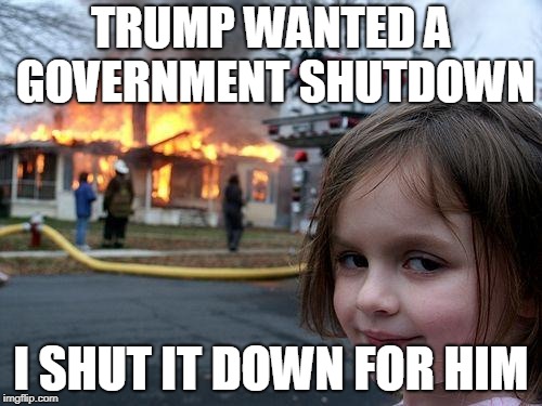 Disaster Girl Meme | TRUMP WANTED A GOVERNMENT SHUTDOWN; I SHUT IT DOWN FOR HIM | image tagged in memes,disaster girl | made w/ Imgflip meme maker