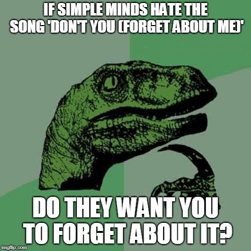 Philosoraptor Meme | IF SIMPLE MINDS HATE THE SONG 'DON'T YOU (FORGET ABOUT ME)'; DO THEY WANT YOU TO FORGET ABOUT IT? | image tagged in memes,philosoraptor,funny,music,music joke,irony | made w/ Imgflip meme maker