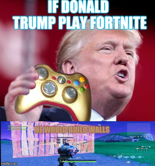 Trump plays Fortnite | IF DONALD TRUMP PLAY FORTNITE; HE WOULD BUILD WALLS | image tagged in donald trump,build a wall,fortnite,wall | made w/ Imgflip meme maker