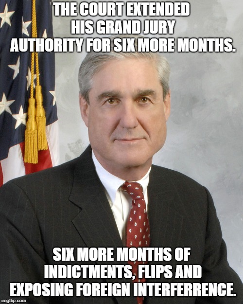 Robert Mueller | THE COURT EXTENDED HIS GRAND JURY AUTHORITY FOR SIX MORE MONTHS. SIX MORE MONTHS OF INDICTMENTS, FLIPS AND EXPOSING FOREIGN INTERFERRENCE. | image tagged in robert mueller | made w/ Imgflip meme maker