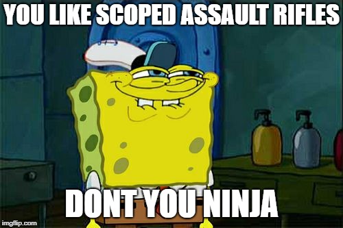 Don't You Squidward Meme | YOU LIKE SCOPED ASSAULT RIFLES; DONT YOU NINJA | image tagged in memes,dont you squidward | made w/ Imgflip meme maker