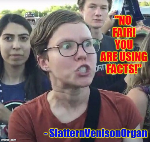 Triggered feminist | "NO FAIR! YOU ARE USING FACTS!" - SlatternVenisonOrgan | image tagged in triggered feminist | made w/ Imgflip meme maker