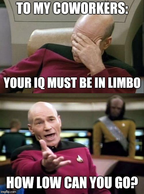 I may "accidentally" leave the URL for this meme written on a scrap piece of paper in the breakroom... | TO MY COWORKERS:; YOUR IQ MUST BE IN LIMBO; HOW LOW CAN YOU GO? | image tagged in memes,picard wtf,captain picard facepalm,stupid people,coworkers | made w/ Imgflip meme maker