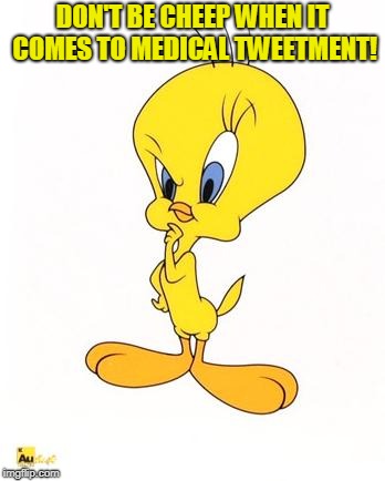 tweety | DON'T BE CHEEP WHEN IT COMES TO MEDICAL TWEETMENT! | image tagged in tweety | made w/ Imgflip meme maker