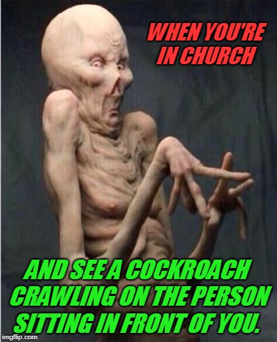 By the looks of these folks, they must have brought it in.  | WHEN YOU'RE IN CHURCH; AND SEE A COCKROACH CRAWLING ON THE PERSON SITTING IN FRONT OF YOU. | image tagged in grossed out alien,nixieknox,memes | made w/ Imgflip meme maker
