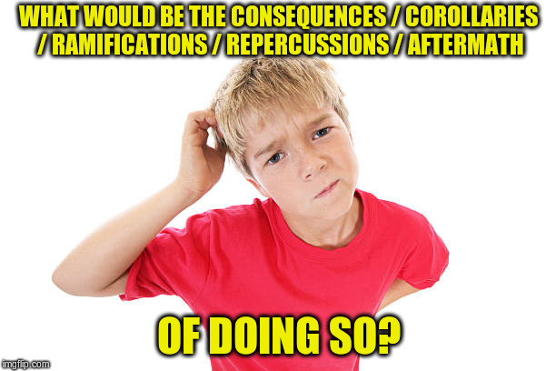 WHAT WOULD BE THE CONSEQUENCES / COROLLARIES / RAMIFICATIONS / REPERCUSSIONS / AFTERMATH OF DOING SO? | made w/ Imgflip meme maker
